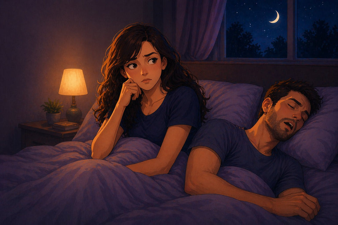 Illustration stylisée d’un couple au lit la nuit, un homme ronfle pendant que sa partenaire est éveillée, avec des icônes représentant les principales causes du ronflement comme l’anatomie, le mode de vie et les facteurs médicaux