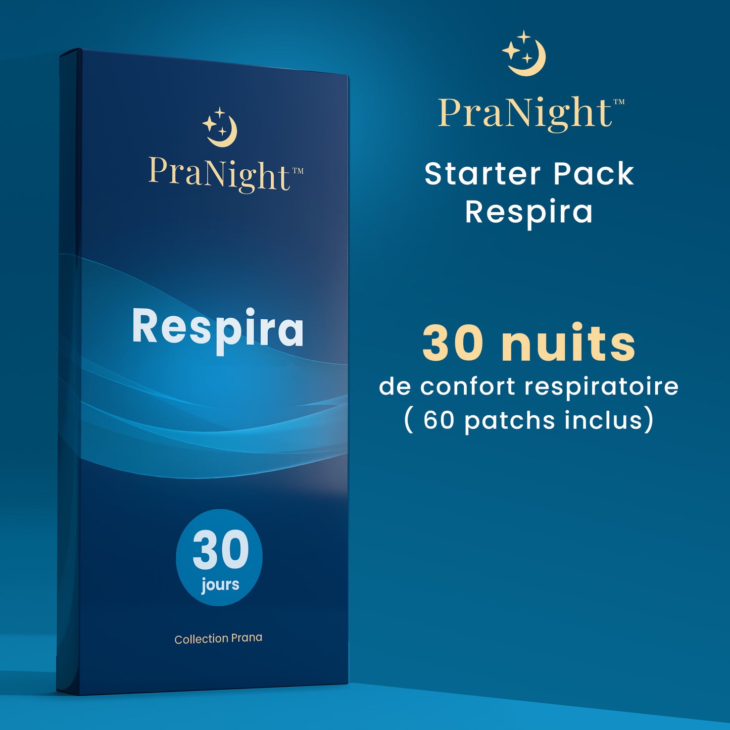 Starter Pack Respira PraNight avec 60 patchs pour 30 nuits de confort respiratoire et une respiration nasale plus confortable
