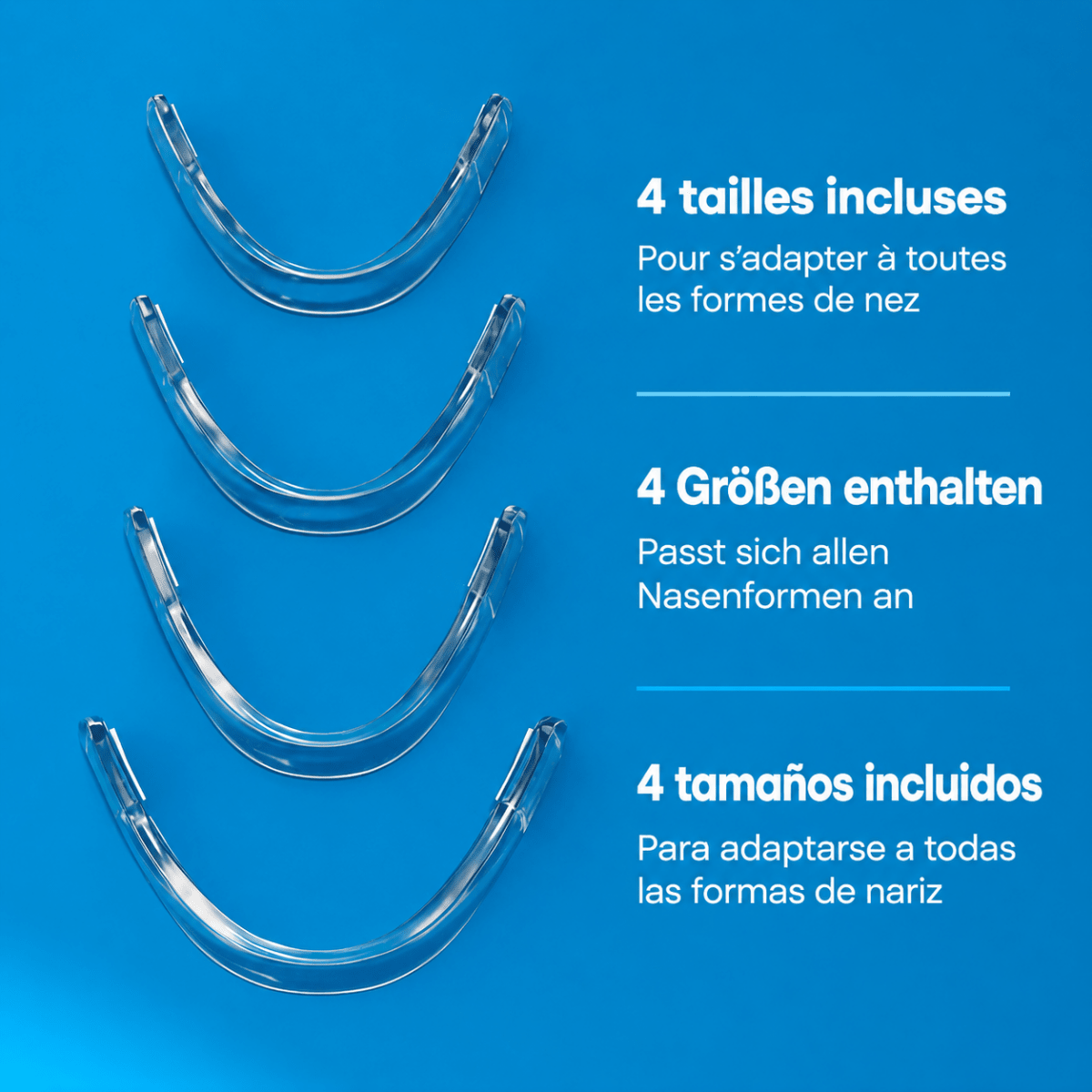 4 tailles de bandes nasales Respira incluses pour s’adapter à toutes les formes de nez