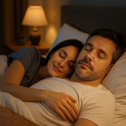 Couple dormant paisiblement avec Respira pour améliorer la respiration nasale pendant le sommeil