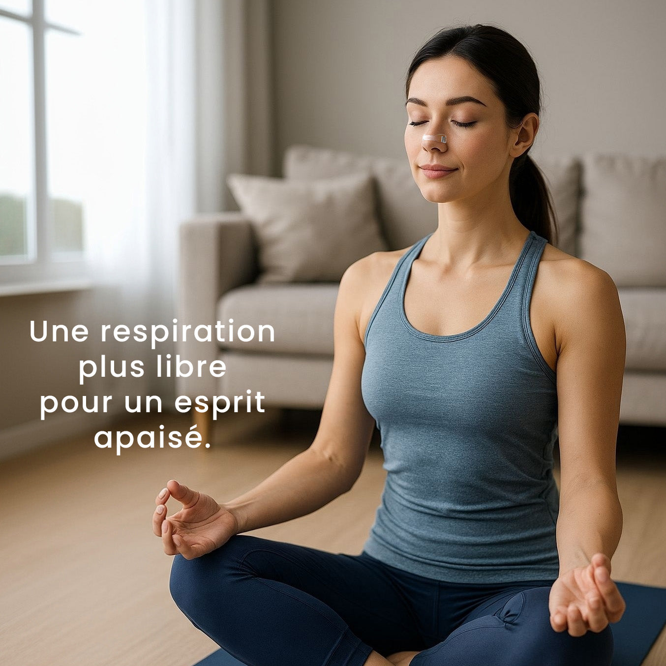 Femme pratiquant la méditation avec le patch nasal Respira pour favoriser une respiration nasale plus libre et un moment de relaxation
