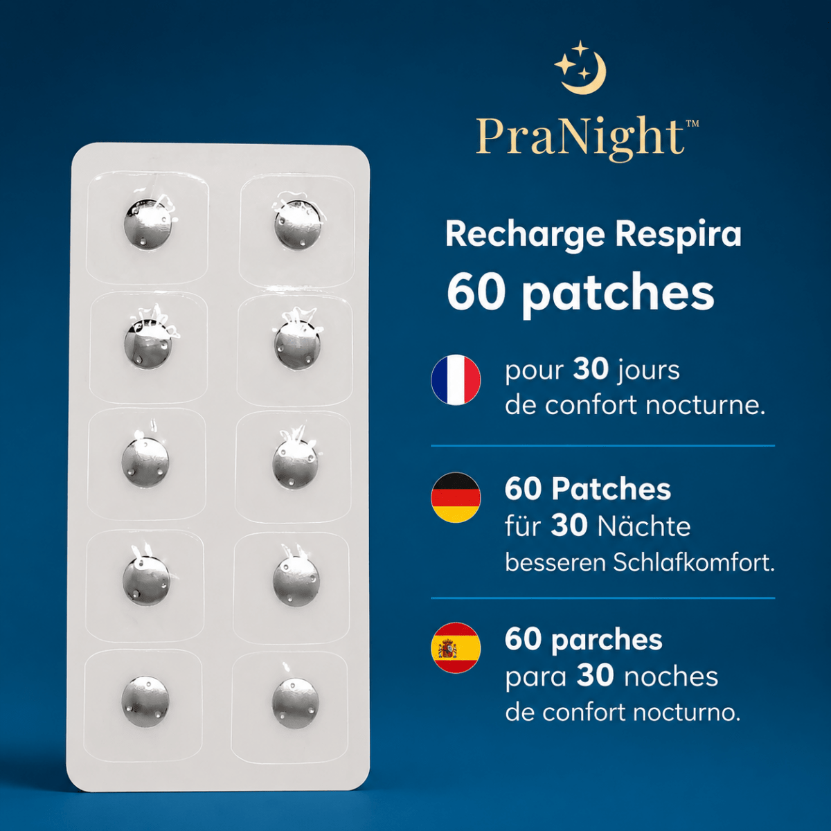 Recharge Respira contenant 60 patchs nasaux pour favoriser une respiration nasale confortable pendant 30 nuits