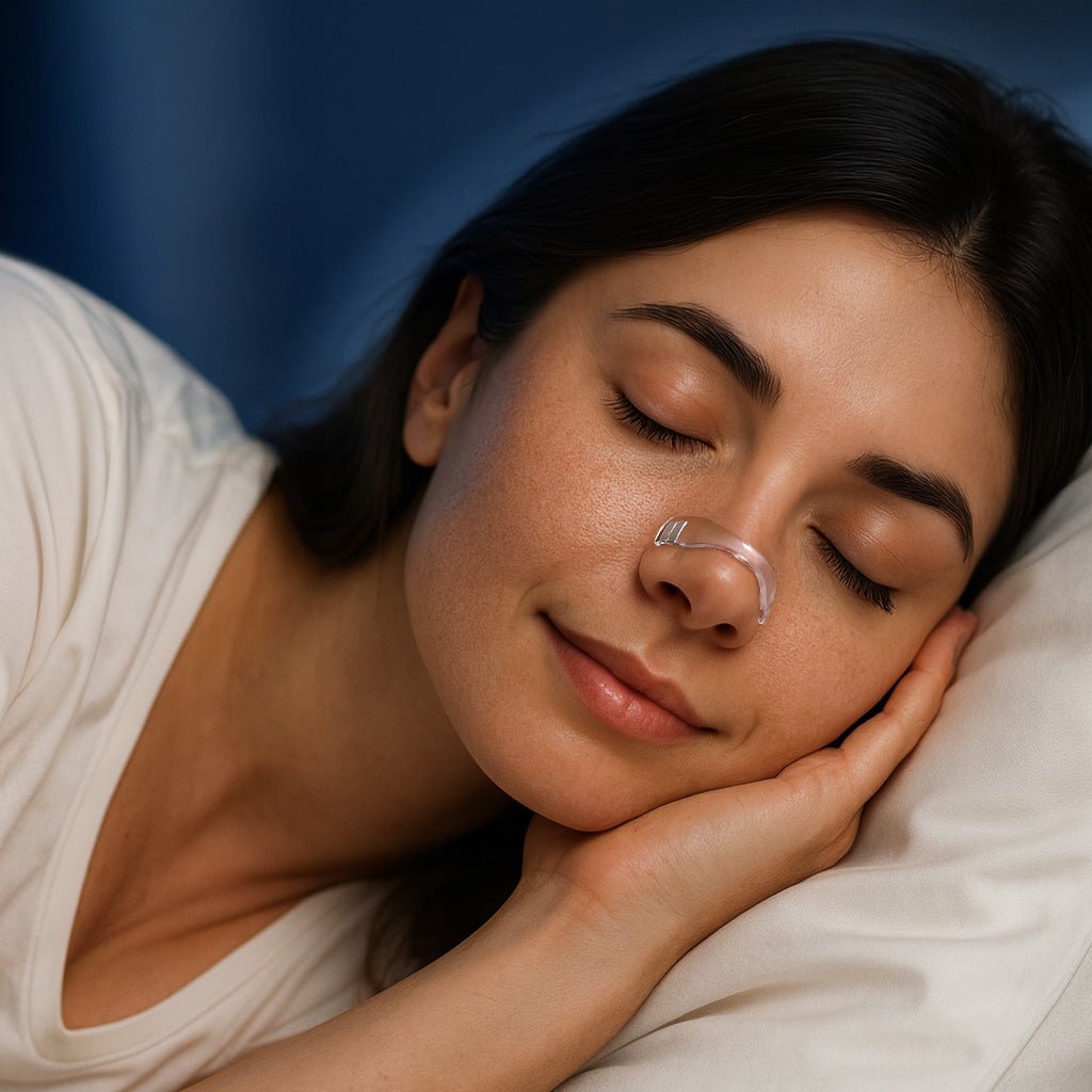 Femme dormant paisiblement avec le patch nasal Respira pour favoriser une respiration nasale plus confortable pendant la nuit
