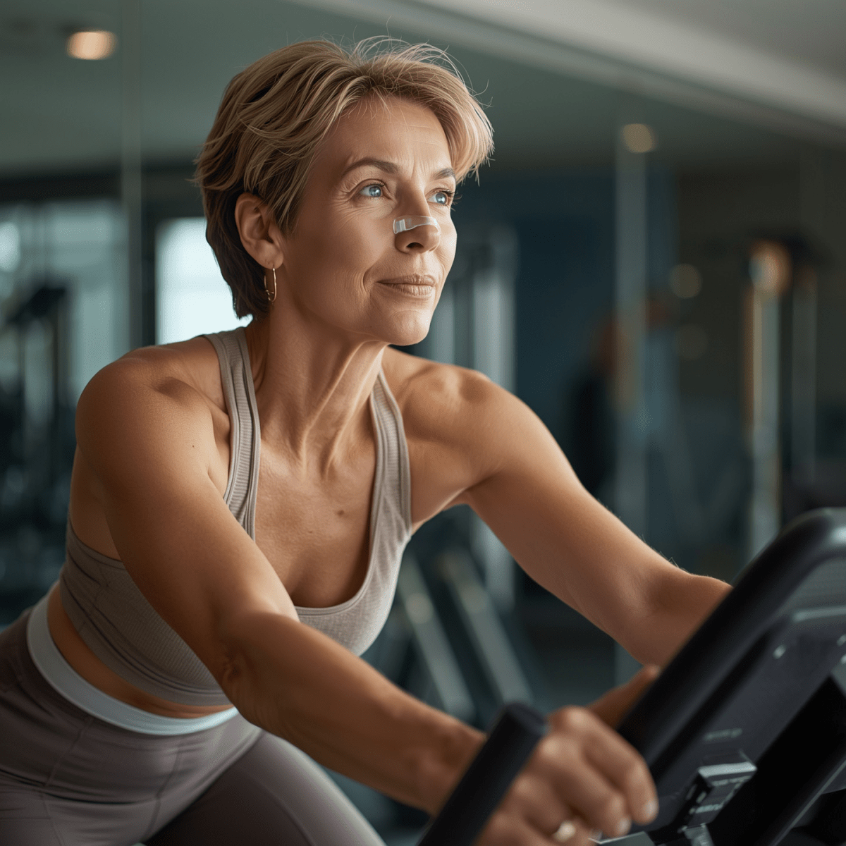 Femme faisant du sport avec le patch nasal Respira pour une respiration nasale plus confortable pendant l’effort