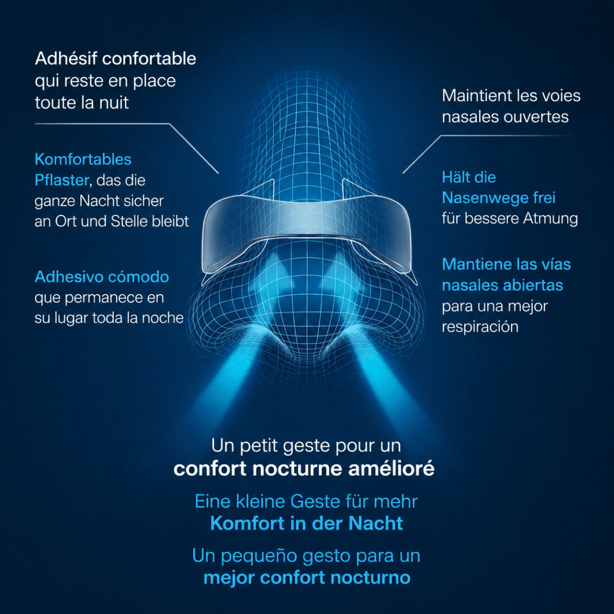 Illustration du patch nasal Respira qui aide à maintenir les voies nasales ouvertes pour une respiration nasale plus confortable pendant la nuit
