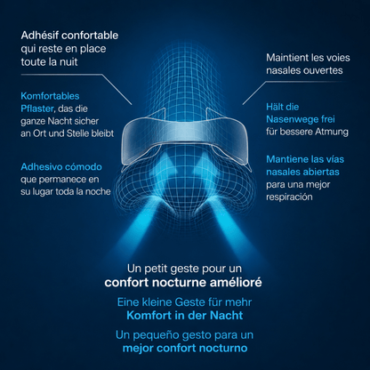 Illustration du patch nasal Respira qui aide à maintenir les voies nasales ouvertes pour une respiration nasale plus confortable pendant la nuit
